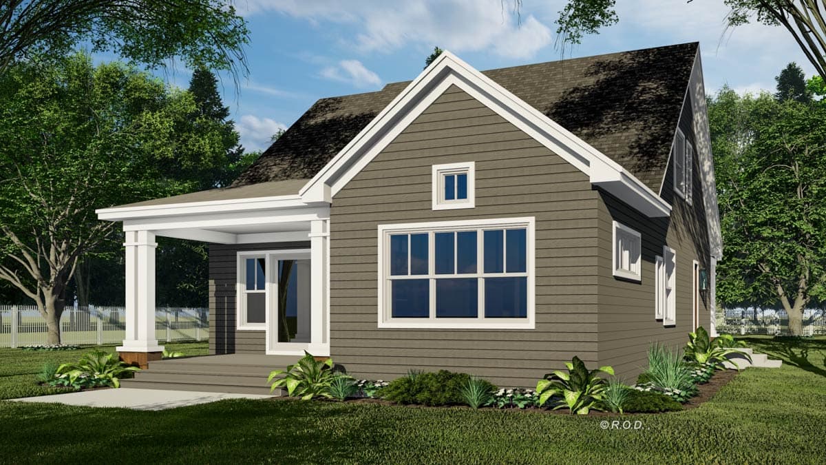 House plan exterior. Single-story bungalow style with a covered front porch, large front windows, and a prominent gable.