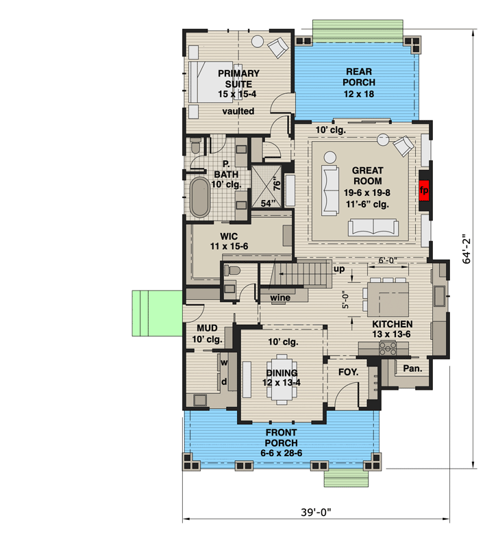 Plan 14907RK: Charming Craftsman Home with Split Bedrooms and Loft - Floor Plan - Main Level - Craftsman, Traditional