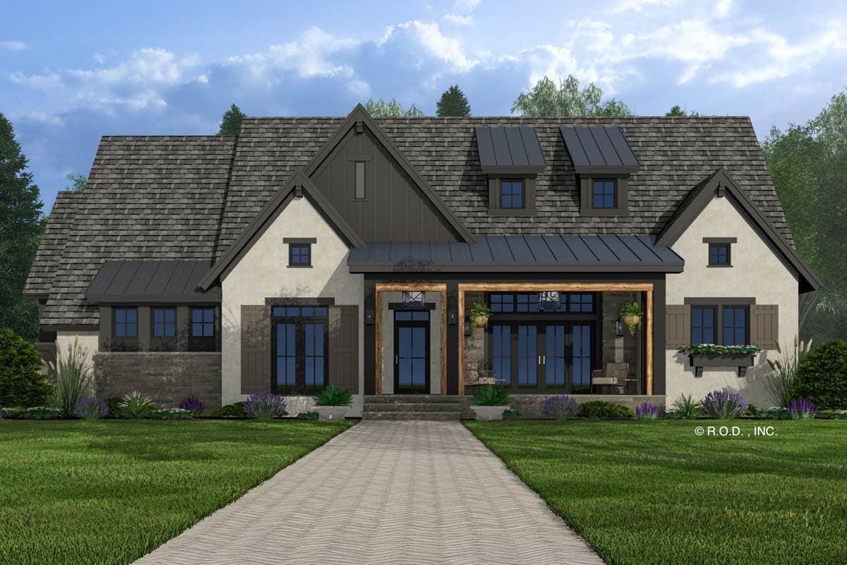 House plan exterior. Two-story Modern Farmhouse with gables, a covered porch with exposed beams, and dark metal roof accents.