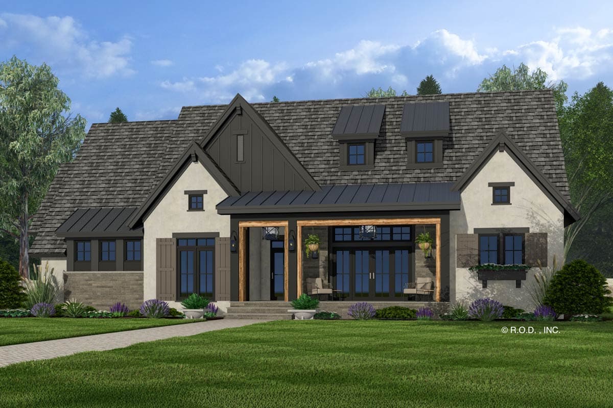 House plan exterior with a Modern Farmhouse style, featuring a covered porch with wood beams, gables, and dormer windows.