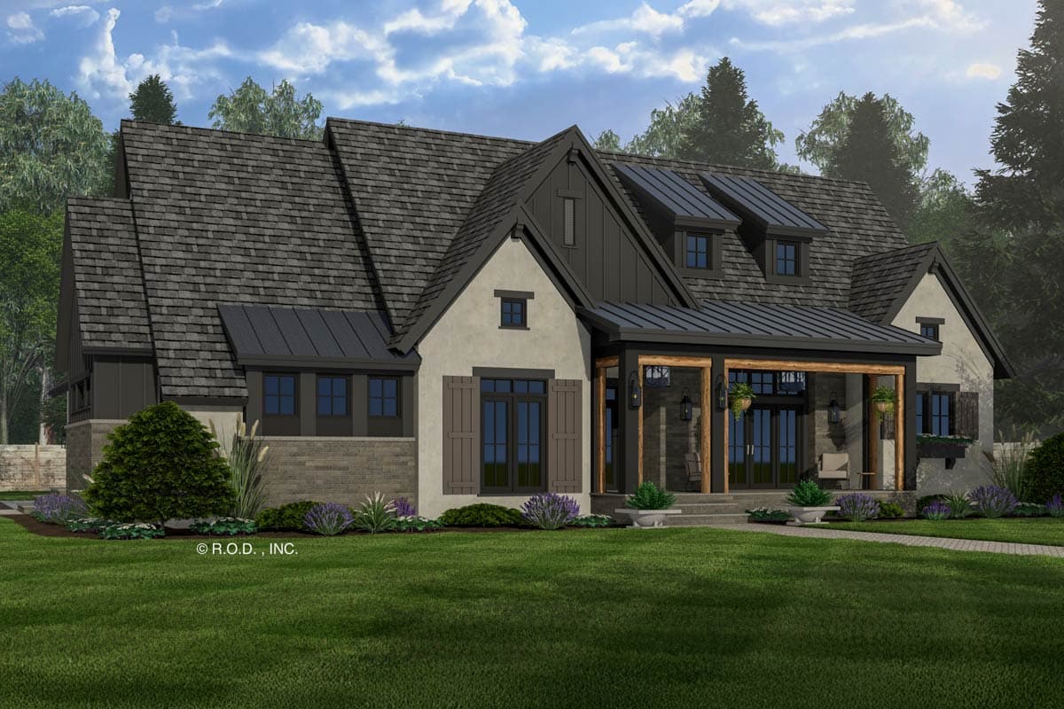 House plan exterior: Modern Farmhouse style, two stories, covered front porch with wood posts, gabled dormers, and varied rooflines.