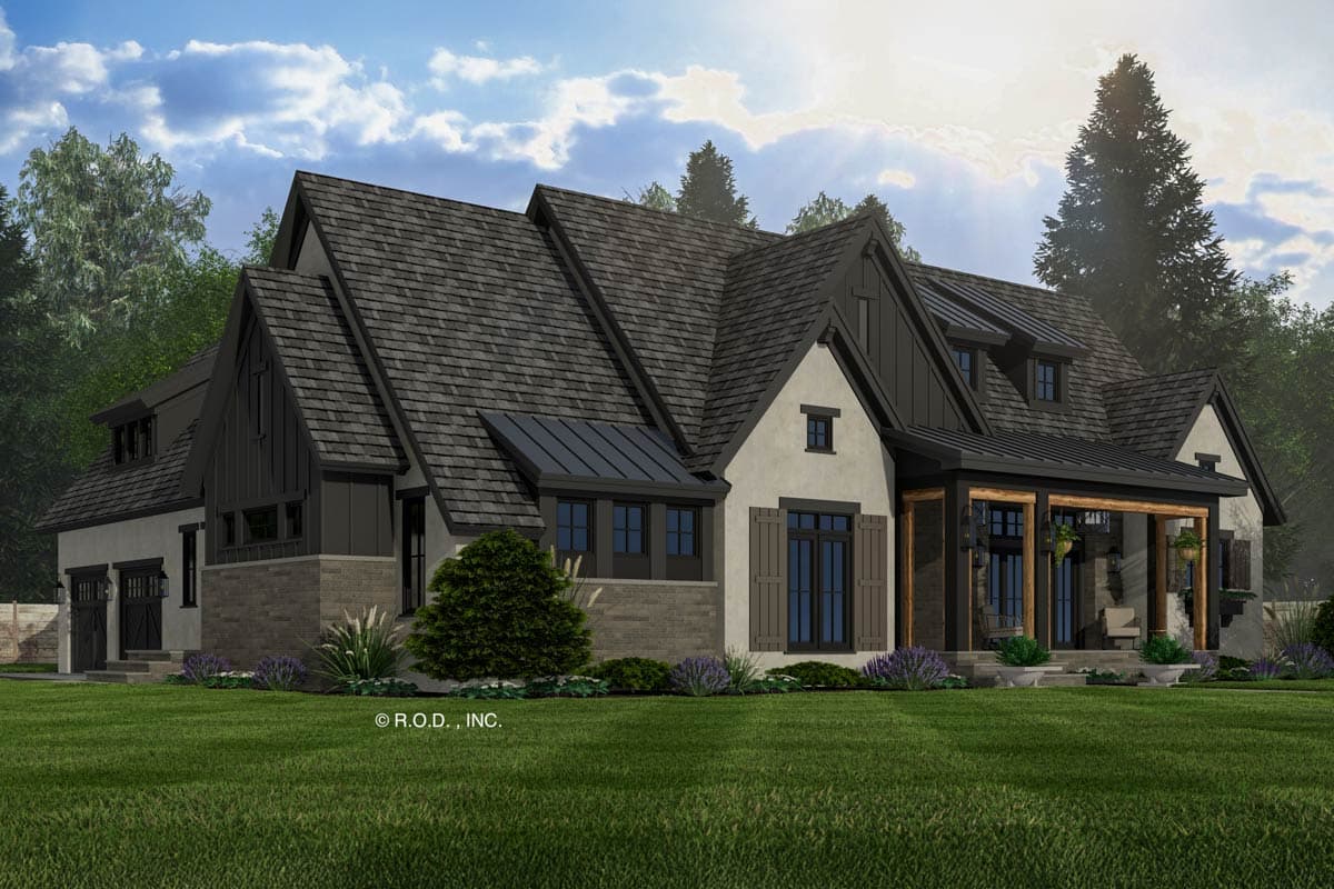 House plan exterior: Modern design with multiple gables, stone accents, covered porch with wood beams, and a three-car garage.
