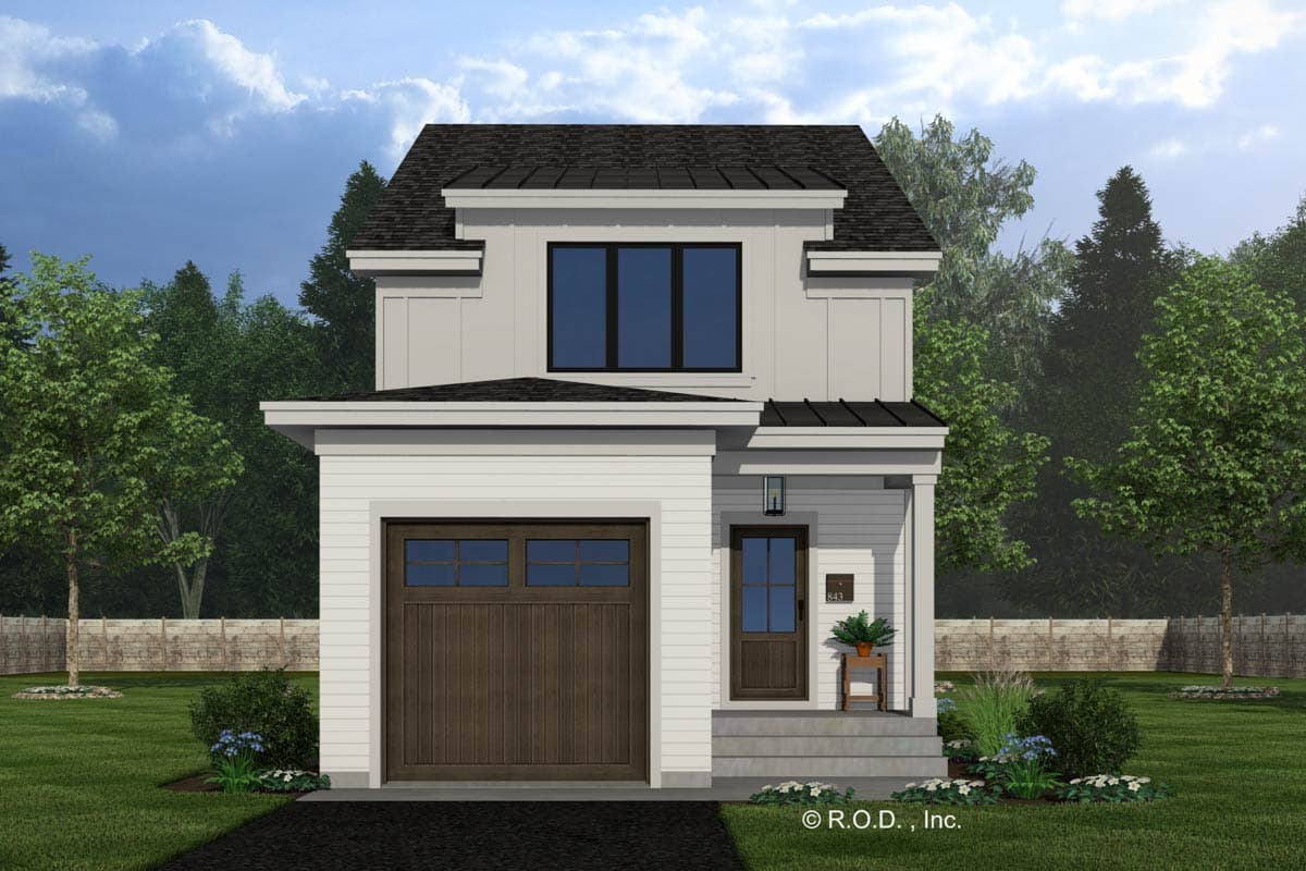 House plan exterior: Two-story modern house with a gable roof, board and batten siding, a front-facing garage, and a covered entry porch.