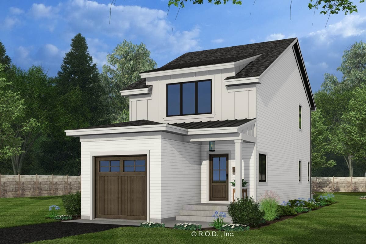 House plan exterior with two stories. Modern farmhouse style with a shed roof over the garage, a covered entry, and board and batten siding.