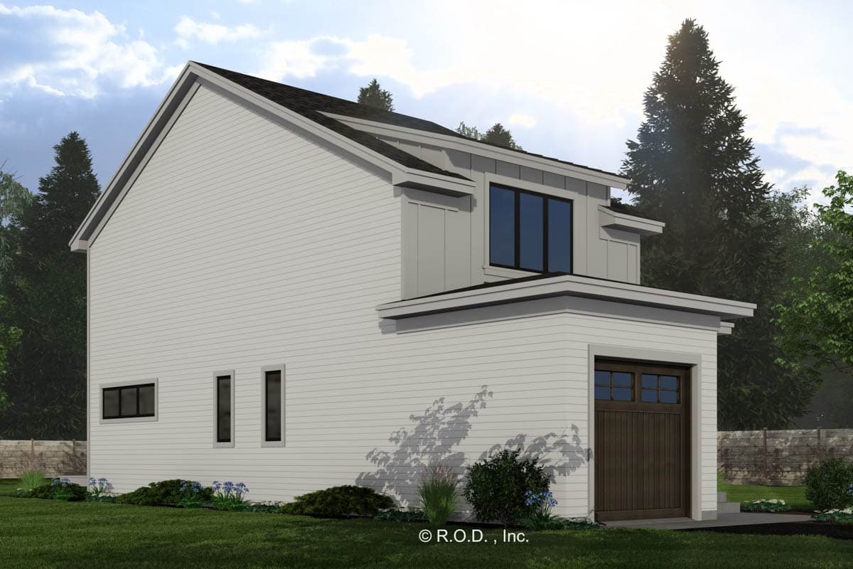 House plan exterior: Modern style, two stories, siding, gabled roof, attached garage with wood door, and multi-pane windows.