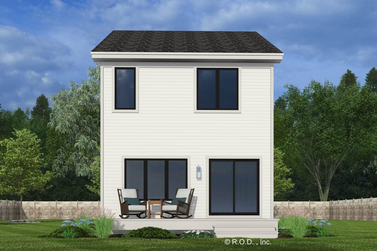House plan exterior of a two-story modern home with white siding, dark windows, and a covered porch with rocking chairs.