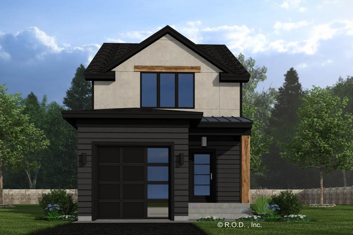 House plan exterior. Two-story Modern house with a single-car garage, gable roof, and wood beam detail above the second-story windows.