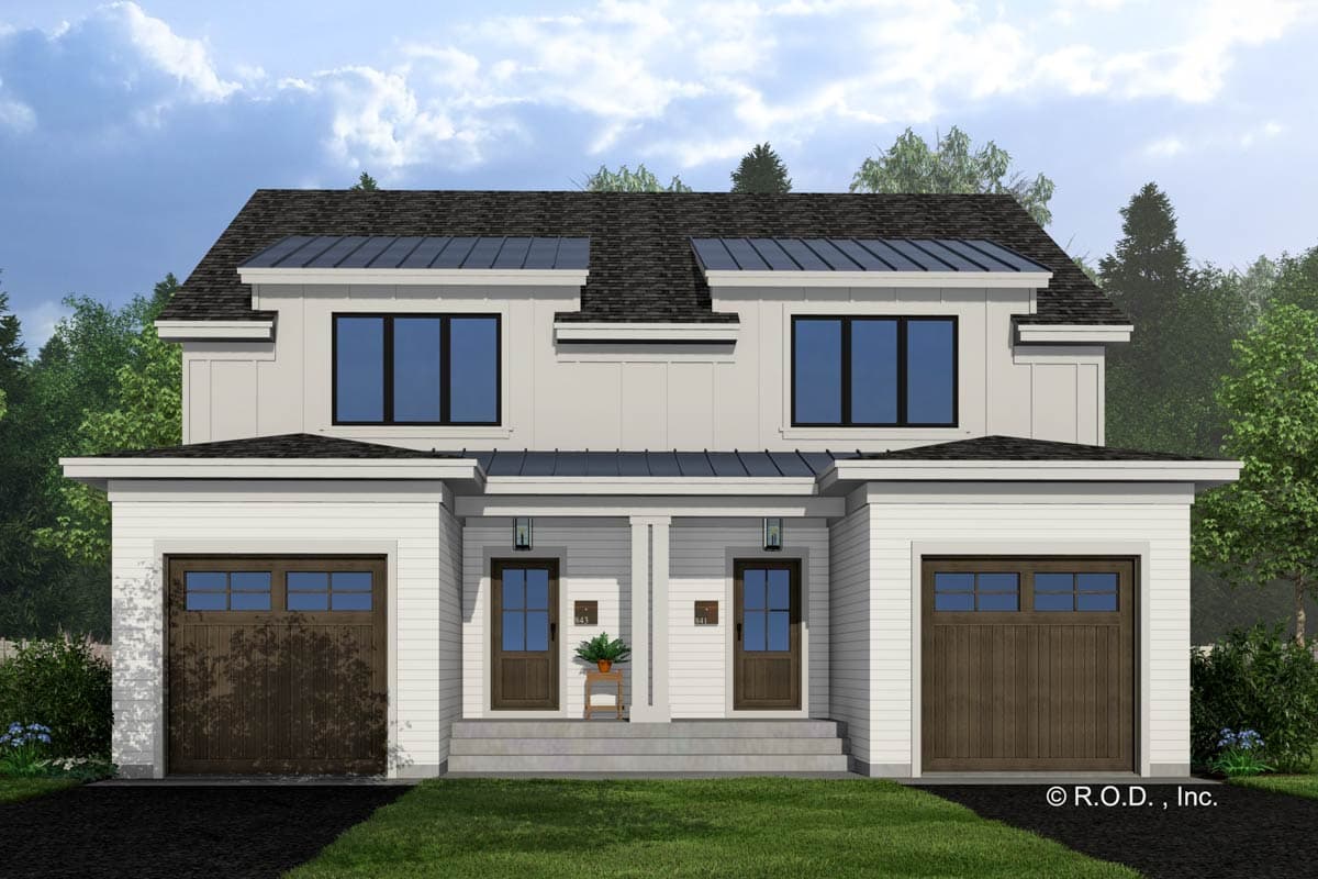 House plan exterior with modern farmhouse style. Two-story home with covered porch, two garage doors, and a metal roof accent.