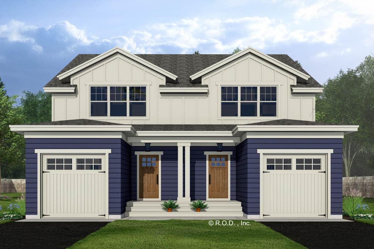 House plan exterior. Two-story with matching gabled dormers. Features include two separate garages and a front porch with a shared entry.