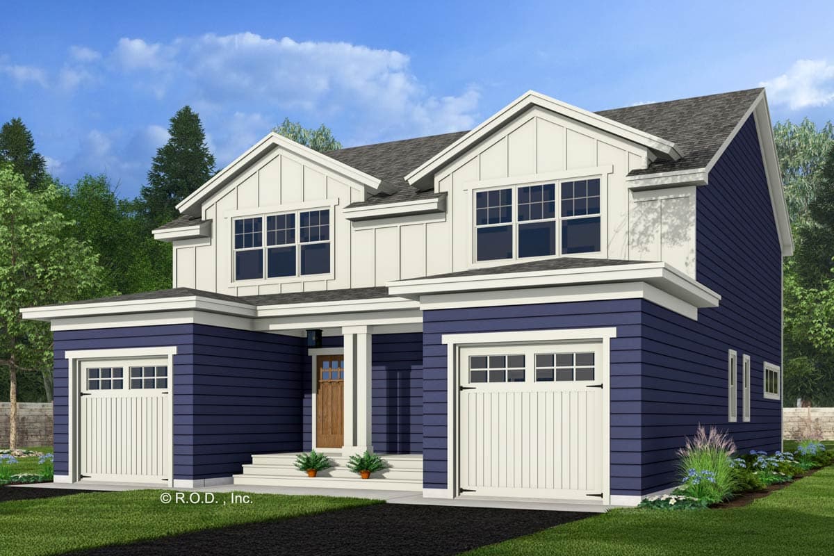 House plan exterior: Modern Farmhouse style, two stories, featuring board and batten siding, gabled dormers, and two garage doors.