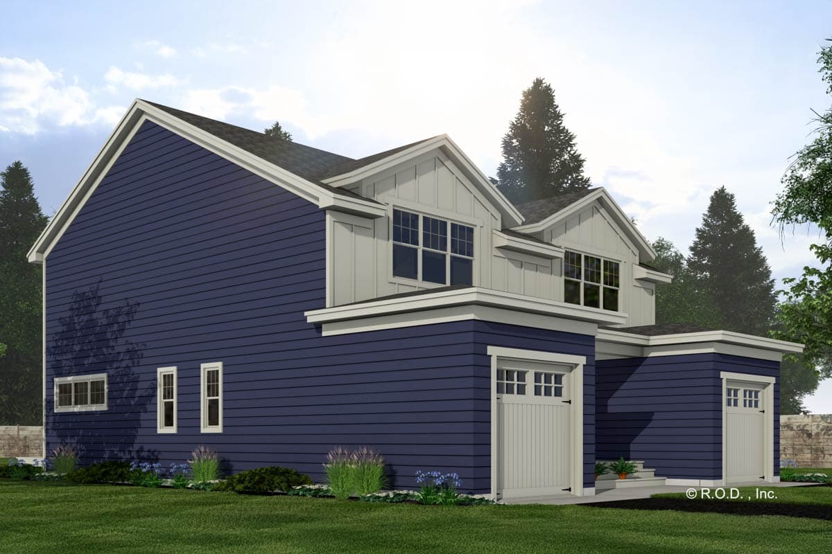House plan exterior of a two-story home with navy siding, white trim, multiple gables, and a two-car garage.