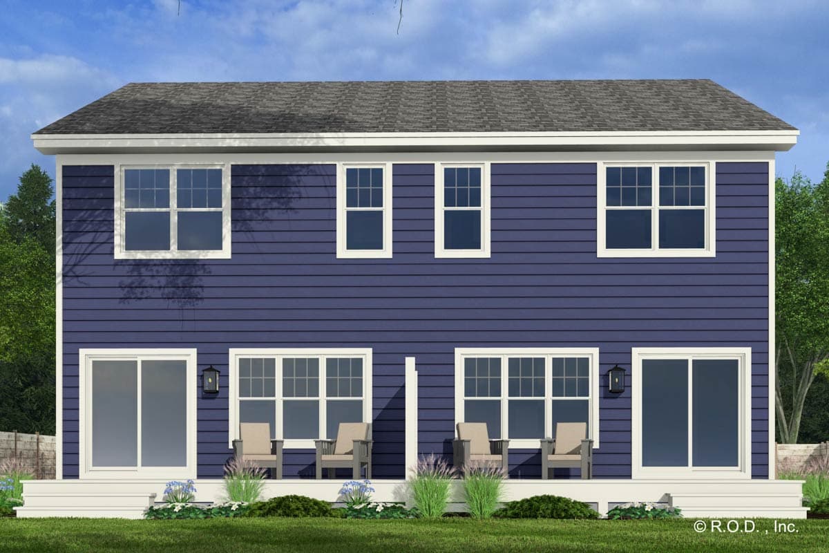 Two-story house plan exterior with blue siding, multiple windows, and a wide porch featuring sliding doors and seating.