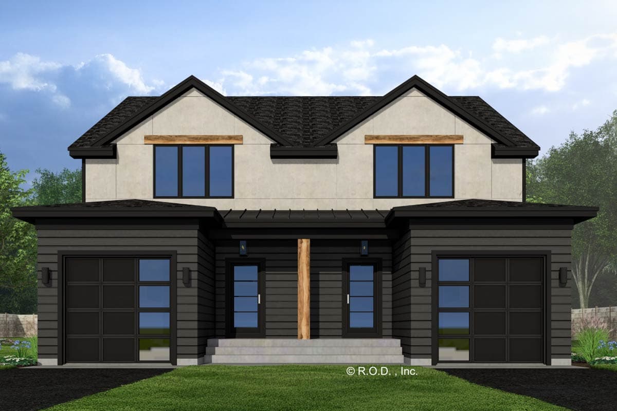Modern duplex house plan exterior with gabled roof, two garage doors, and paired entries.