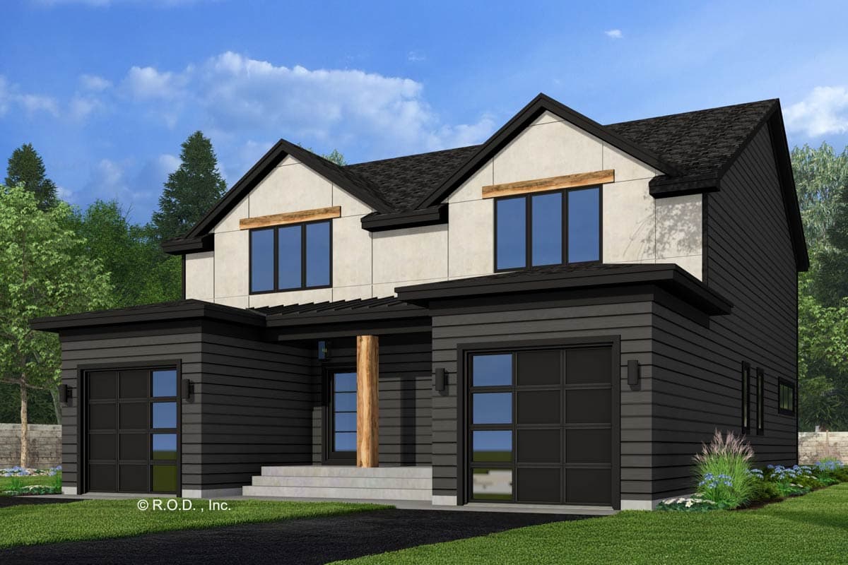 House plan exterior with modern style, two stories, and two attached garages. Features include gabled roof, wooden beams, and a covered porch.