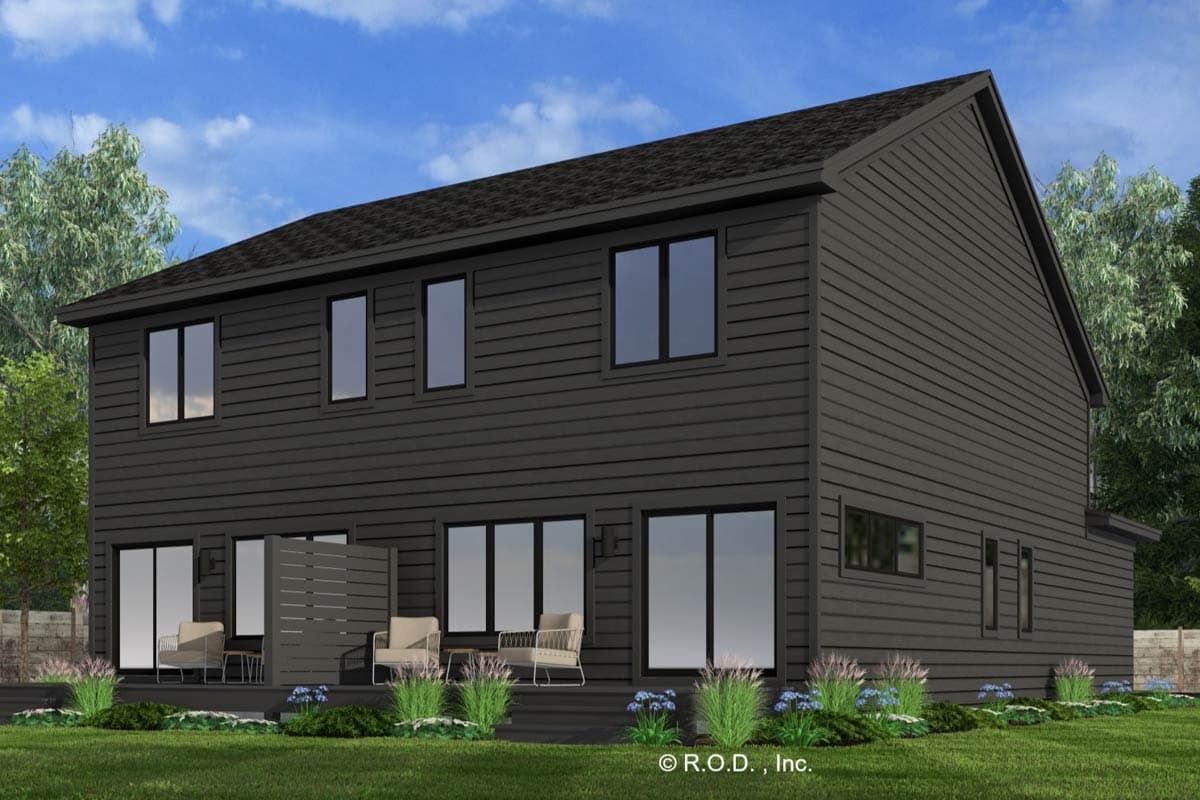 Modern two-story house plan exterior with horizontal siding, multiple windows, and a rear deck with seating.