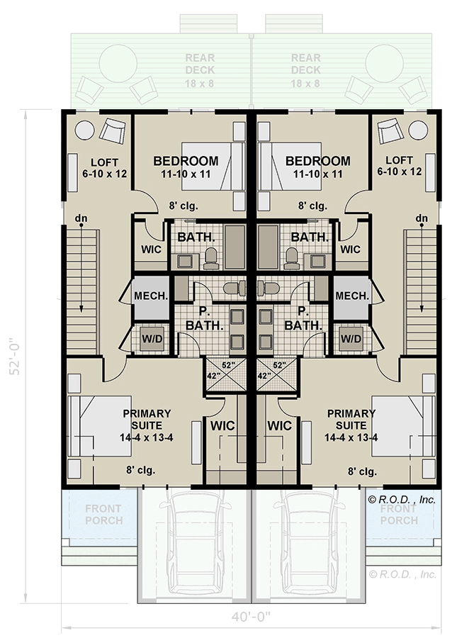 Plan 14919RK: Two-Story Duplex Modern Farmhouse Plan with 2-Bed 2-Bath 1500 Sq Ft Units - Floor Plan - 2nd Floor - Farmhouse, Modern Farmhouse