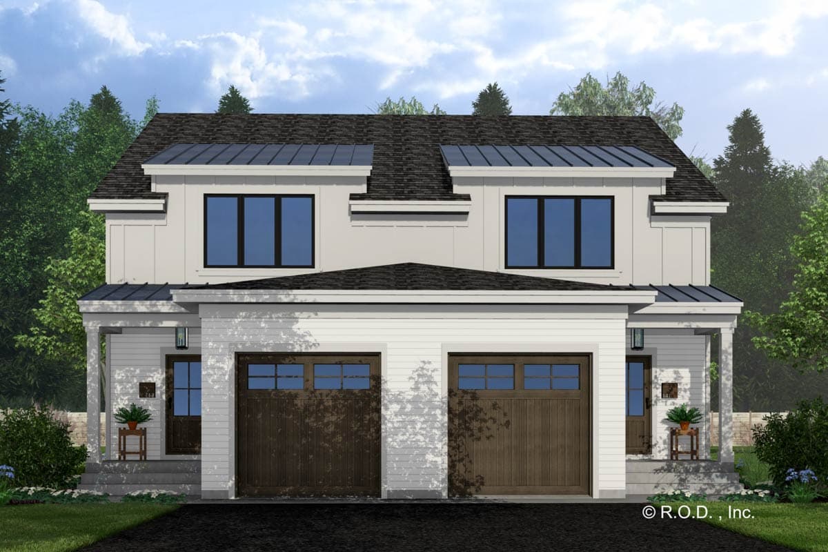 House plan exterior with two stories, a contemporary style, a shed roof over the garage, and a covered porch.