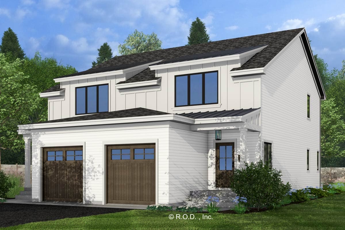 Modern house plan exterior with a two-car garage, gabled rooflines, and board-and-batten siding.