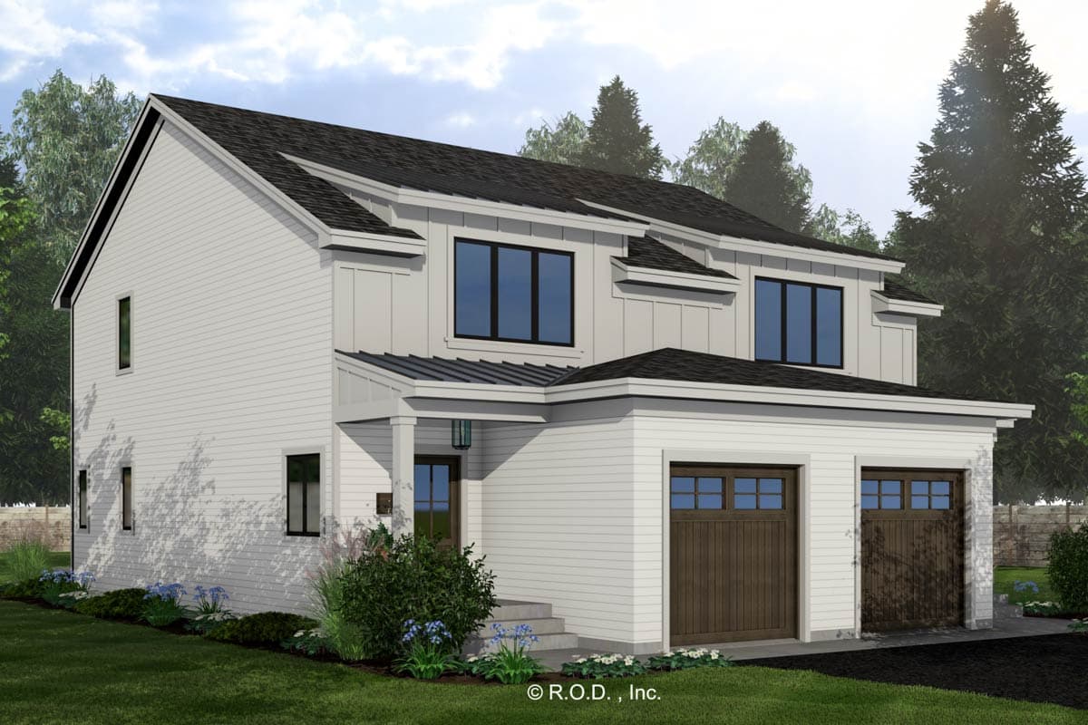 Modern Farmhouse house plan exterior with two-story siding, prominent gables, and a side-entry two-car garage.