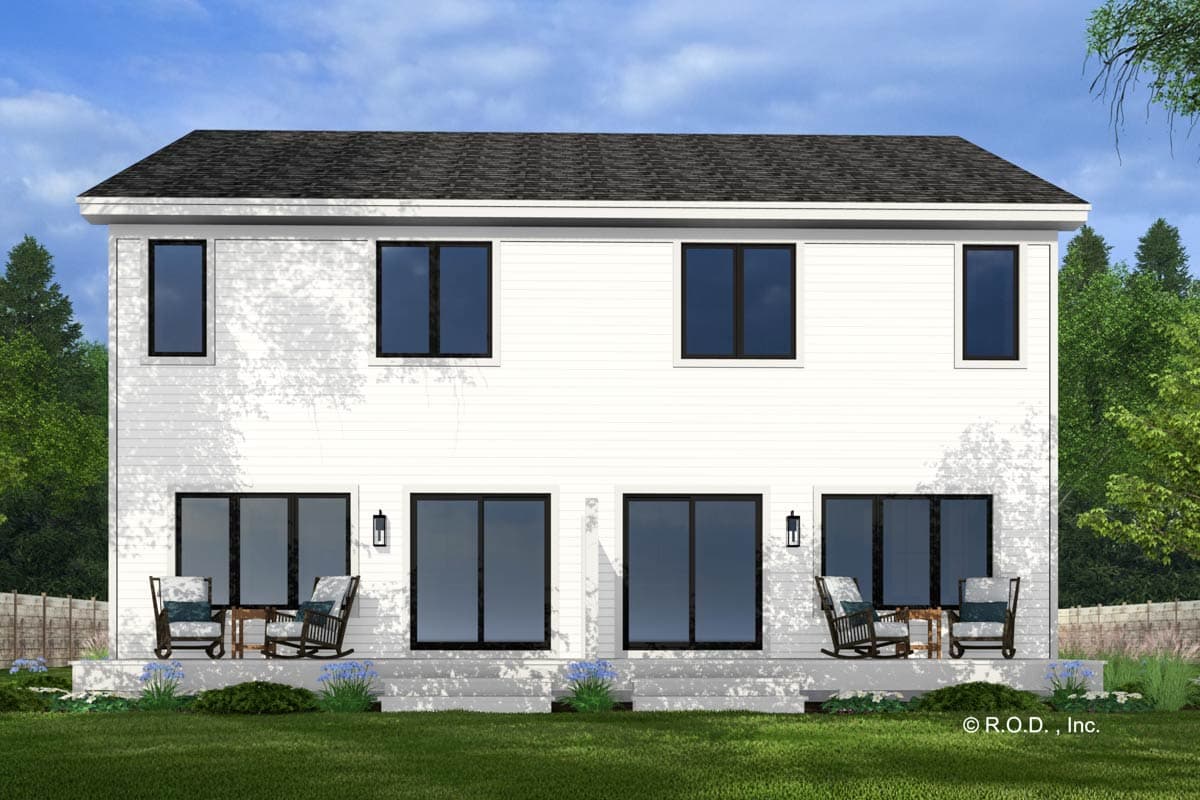 House plan exterior, two stories, white siding, numerous dark-framed windows, and a wide porch with seating.