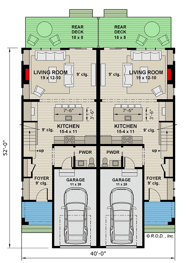 Plan 14920RK: Two-Story Duplex Craftsman House Plan with 2-Bed 2-Bath 1500 Sq Ft Units - Floor Plan - Main Level - Craftsman, Traditional