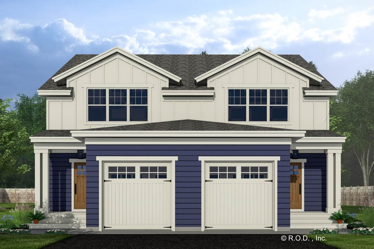 House plan exterior featuring a two-story farmhouse style with gabled roof, two-car garage, and a covered front porch.