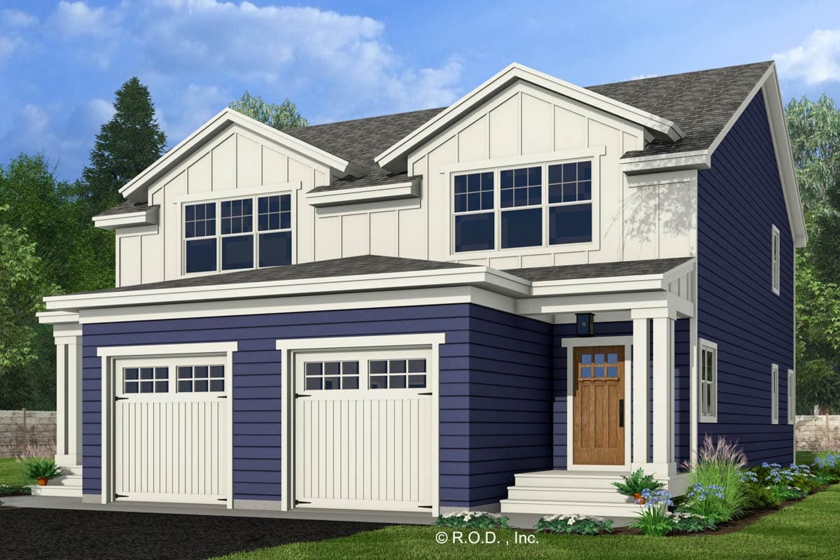 House plan exterior: Two-story Modern Farmhouse with white vertical siding, blue horizontal siding, dual garage doors, and a covered entry porch.
