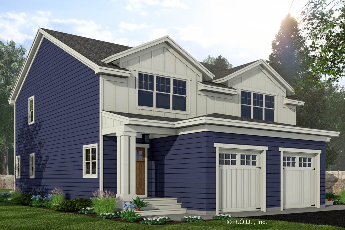House plan exterior rendering of a two-story modern farmhouse with a covered porch and a side-facing two-car garage.