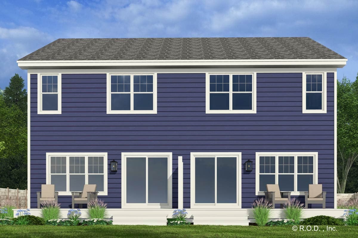 Two-story house plan exterior with siding, double glass doors on lower level, and multiple windows.