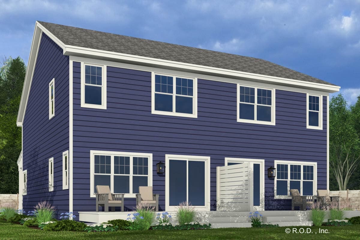 Two-story house plan exterior with blue siding, white trim, prominent gable, and multiple double-hung and sliding windows.