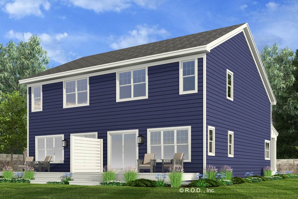Two-story house plan exterior with dark blue siding, white trim, multiple windows, sliding glass doors, and a covered porch area.
