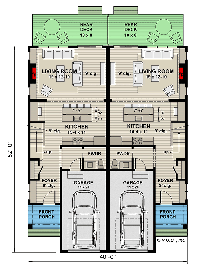 Plan 14921RK: Two-Story Duplex Modern House Plan with 2-Bed 2-Bath 1500 Sq Ft Units - Floor Plan - Main Level - Modern