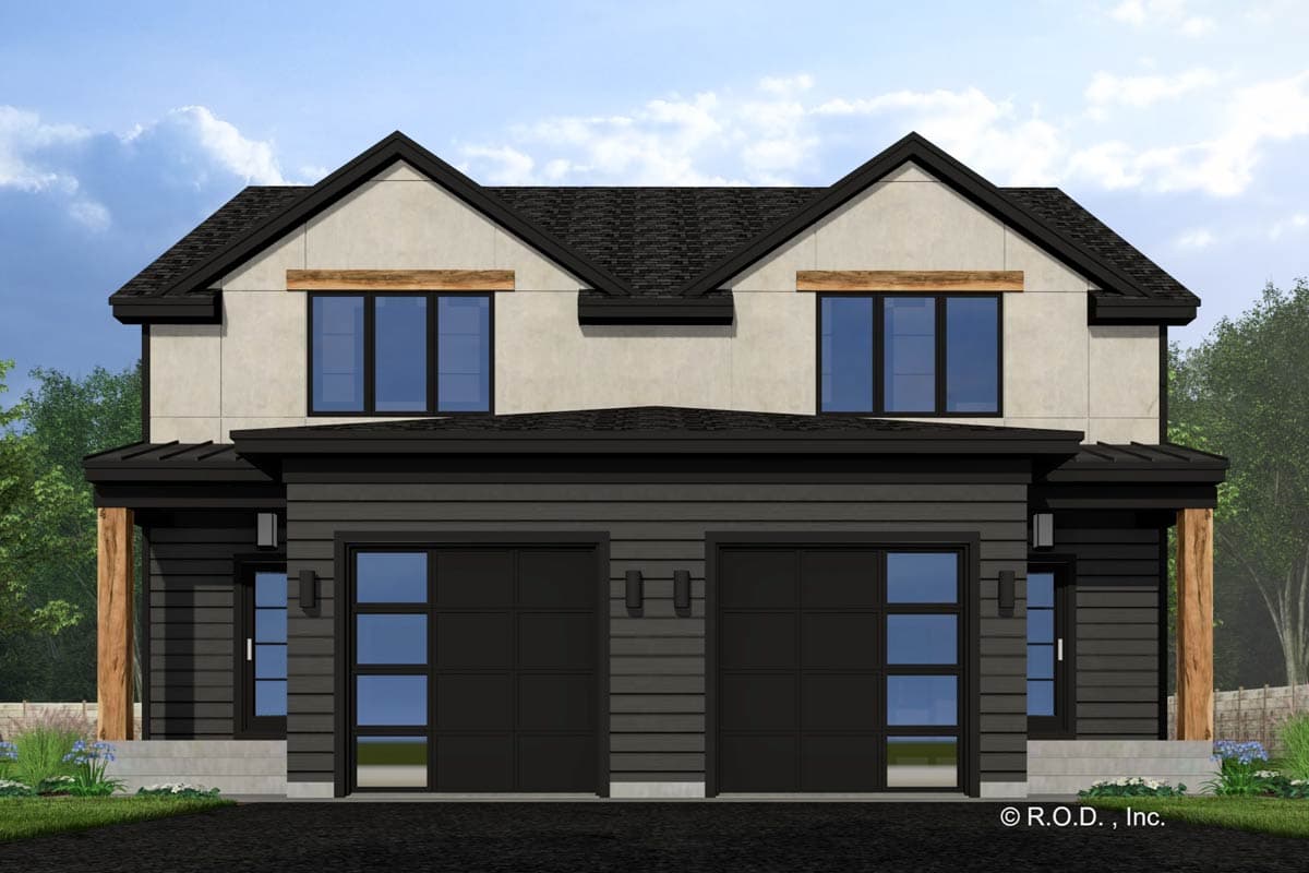 Modern house plan exterior with two stories, twin gables, side-facing double garage, and wood beam accents.