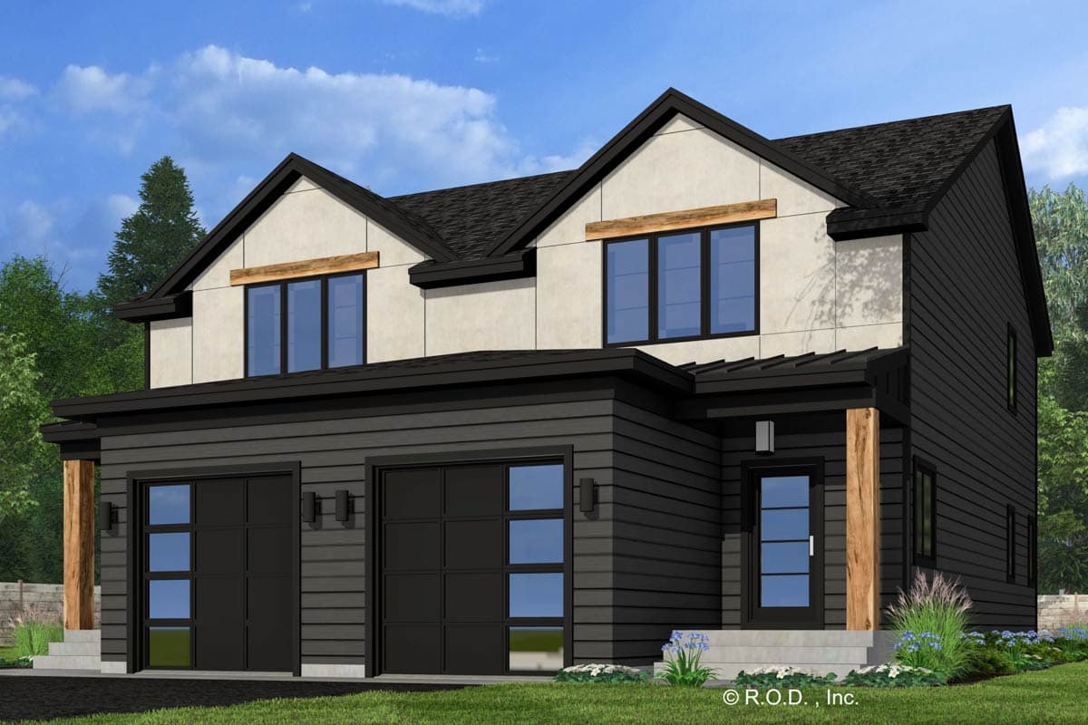 House plan exterior features a modern style with two stories, gabled rooflines, a two-car garage, and wooden beams above windows.