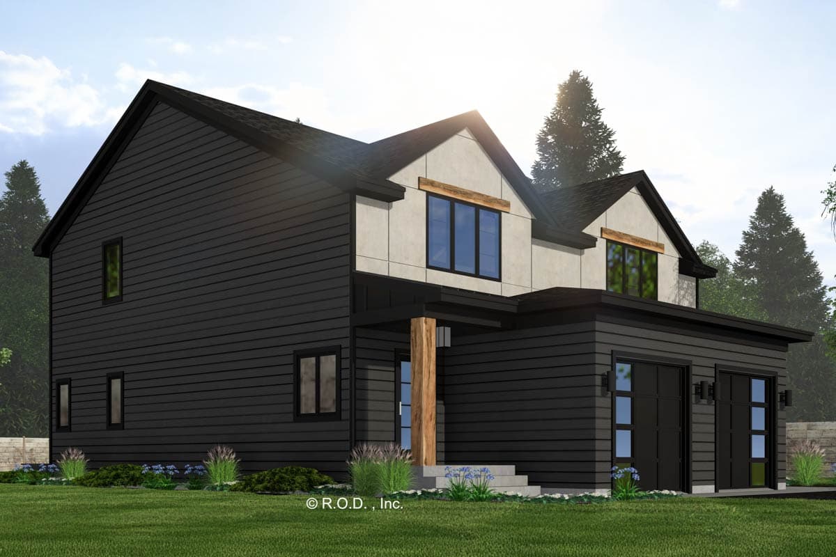 Modern house plan exterior with dark siding, gabled dormers, and a two-car garage with glass doors.