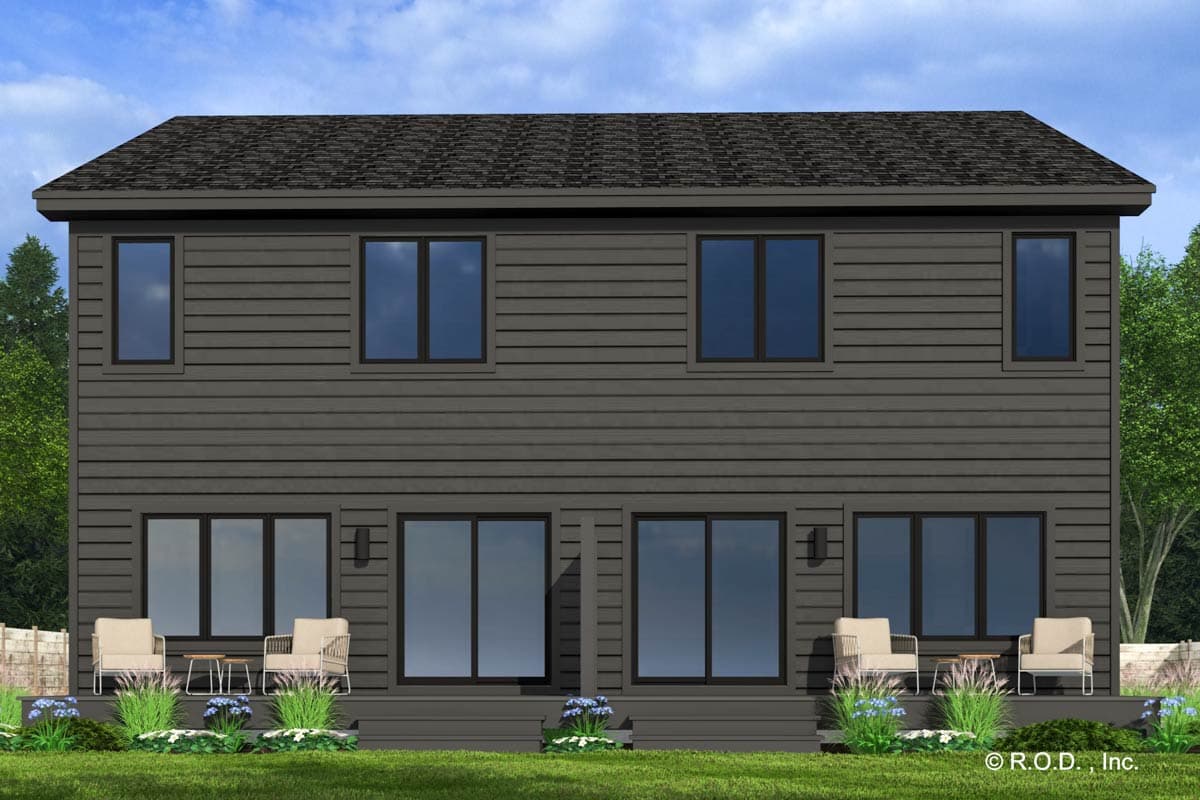 House plan exterior, two-story, dark horizontal siding, multiple windows, and a lower deck with seating.