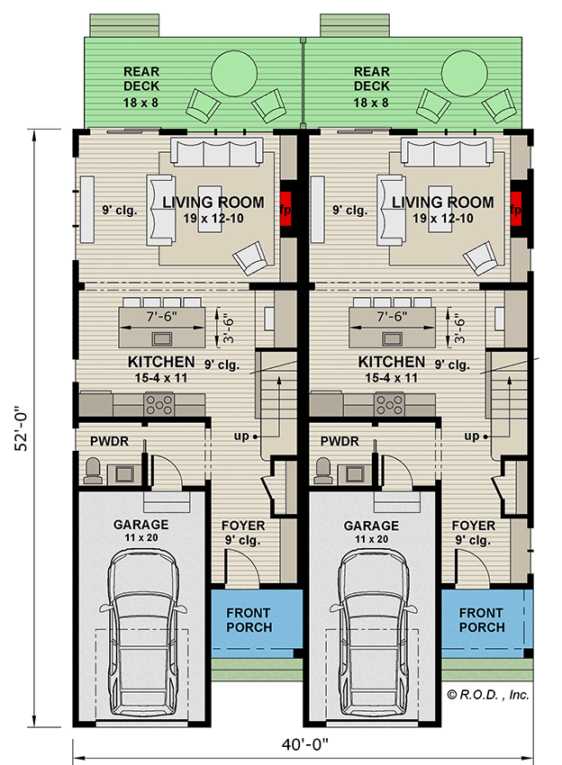 Plan 14922RK: Modern Farmhouse Duplex Plan with 2-Bed 2-Bath 1500 Sq Ft Units - Floor Plan - Main Level - Farmhouse, Modern Farmhouse