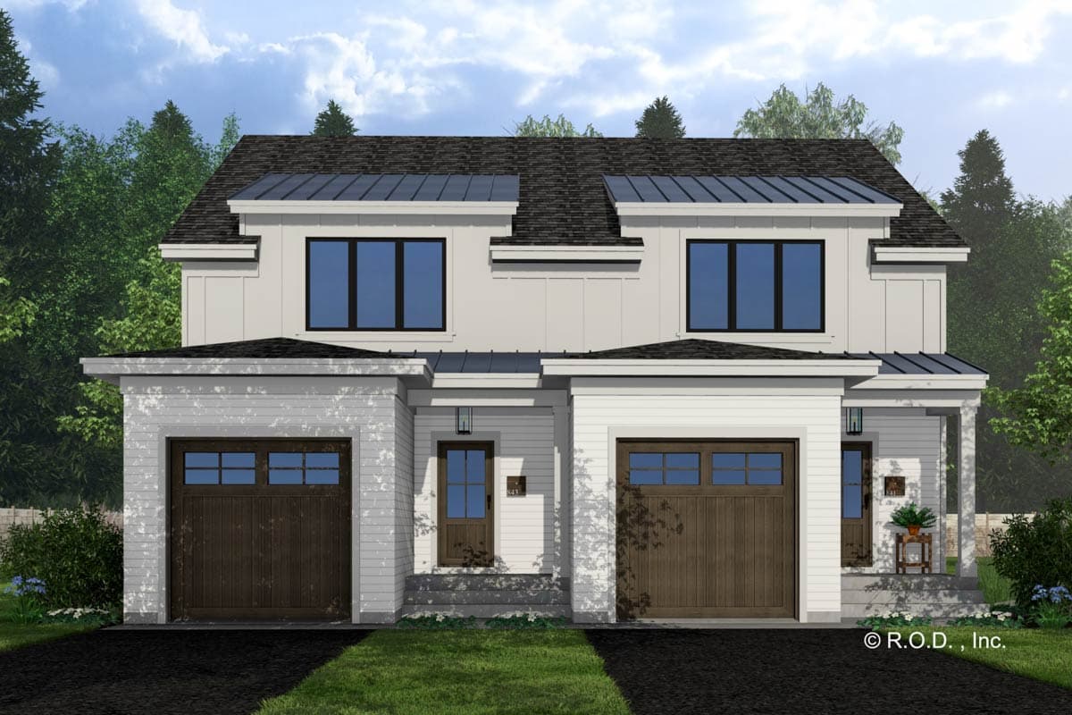 House plan exterior with two stories, modern farmhouse style, with two garage bays, a shed roof, and metal accents on the roofline.