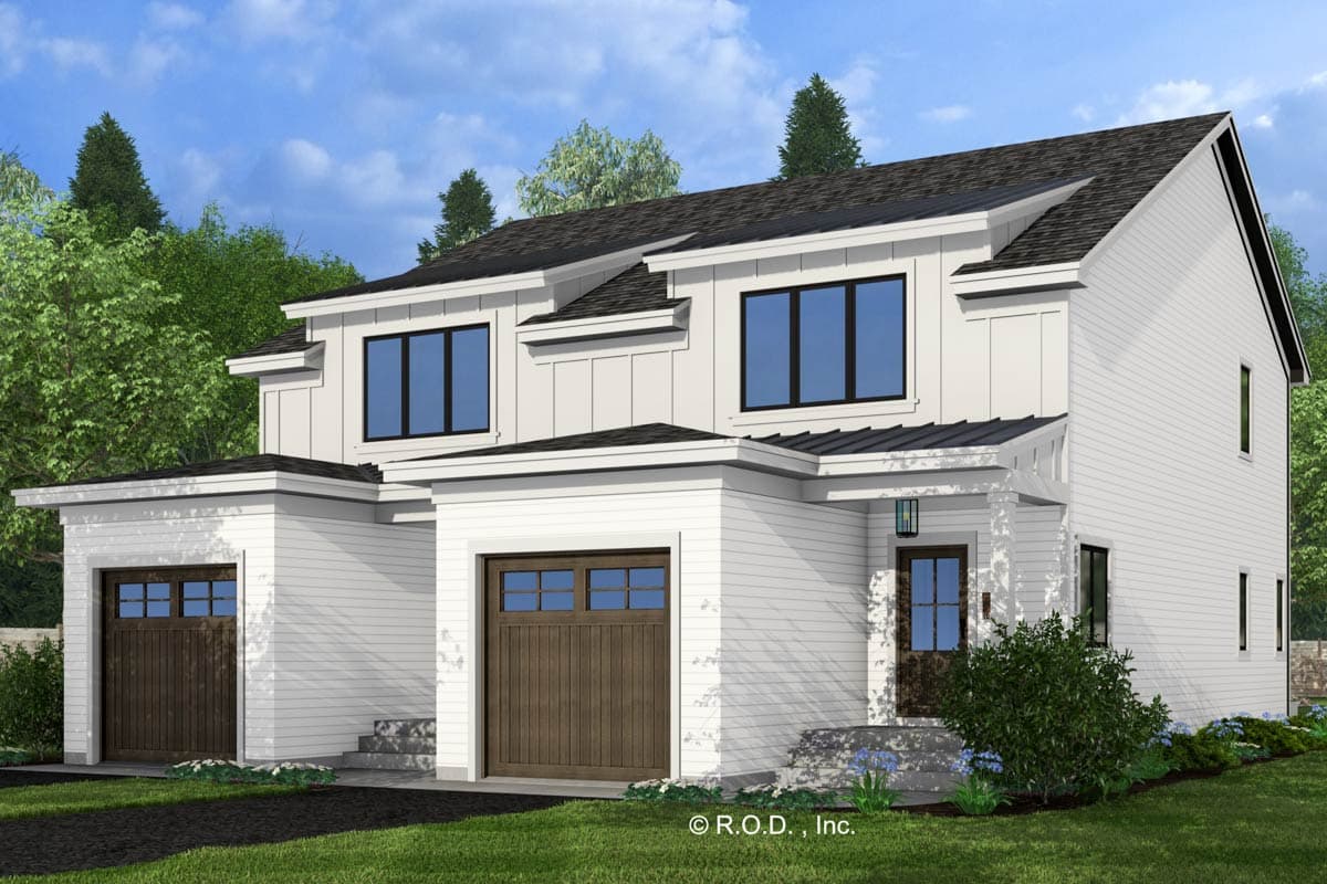 Modern farmhouse house plan exterior with two stories, side-facing garage, dormers, and prominent rooflines.