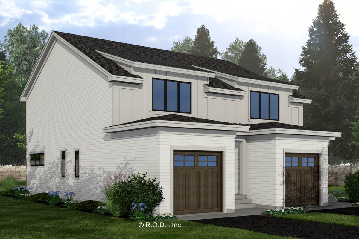 House plan exterior of a two-story Modern Farmhouse with gable rooflines, board and batten siding, and two garage doors.