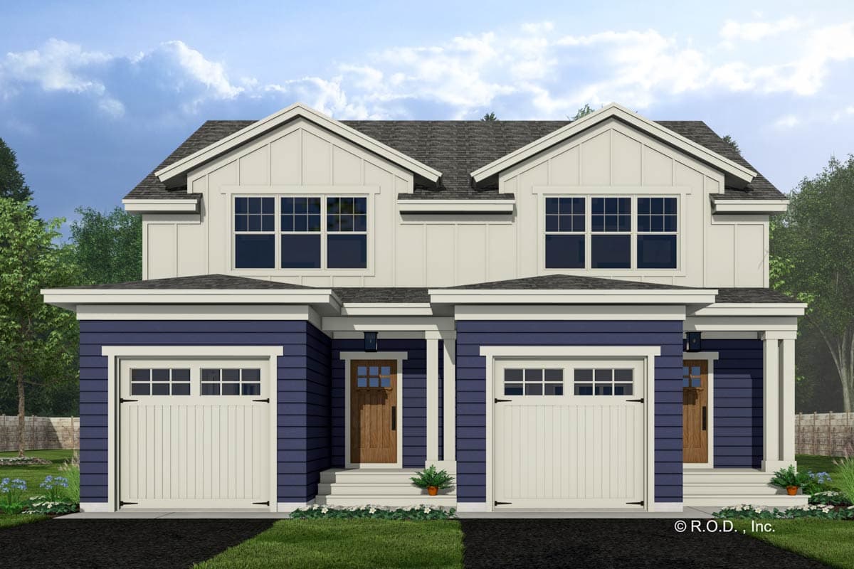 House plan exterior. Two-story Modern Farmhouse with gables and symmetrical design. Features include multiple windows and two attached garages.