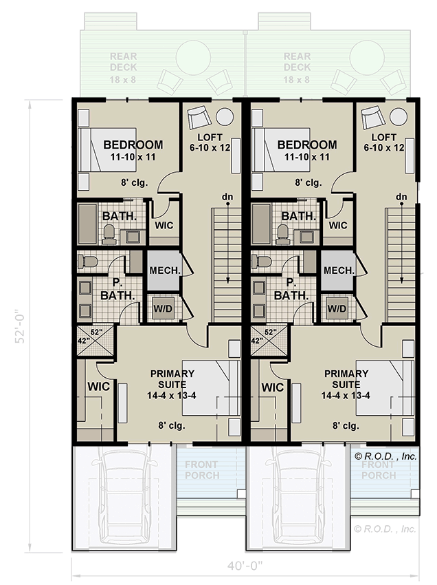 Plan 14924RK: Modern House Duplex Plan with 2-Bed 2-Bath 1500 Sq Ft Units - Floor Plan - 2nd Floor - Contemporary, Modern
