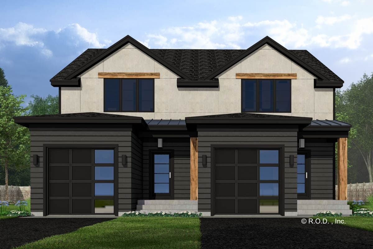 House plan exterior with two stories and two attached garages. Features include gabled roof, horizontal siding, and wood accents above garage doors.
