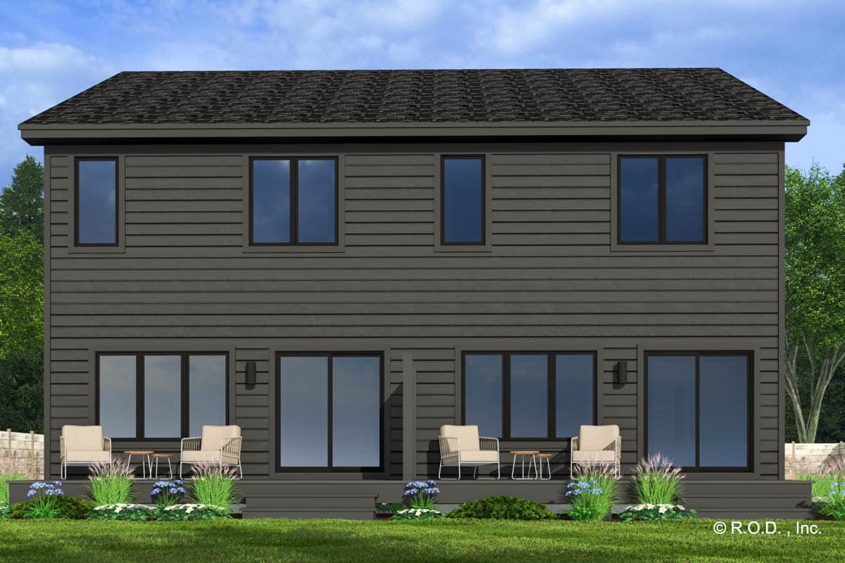 Two-story house plan exterior with horizontal siding, numerous windows, and a deck with seating.
