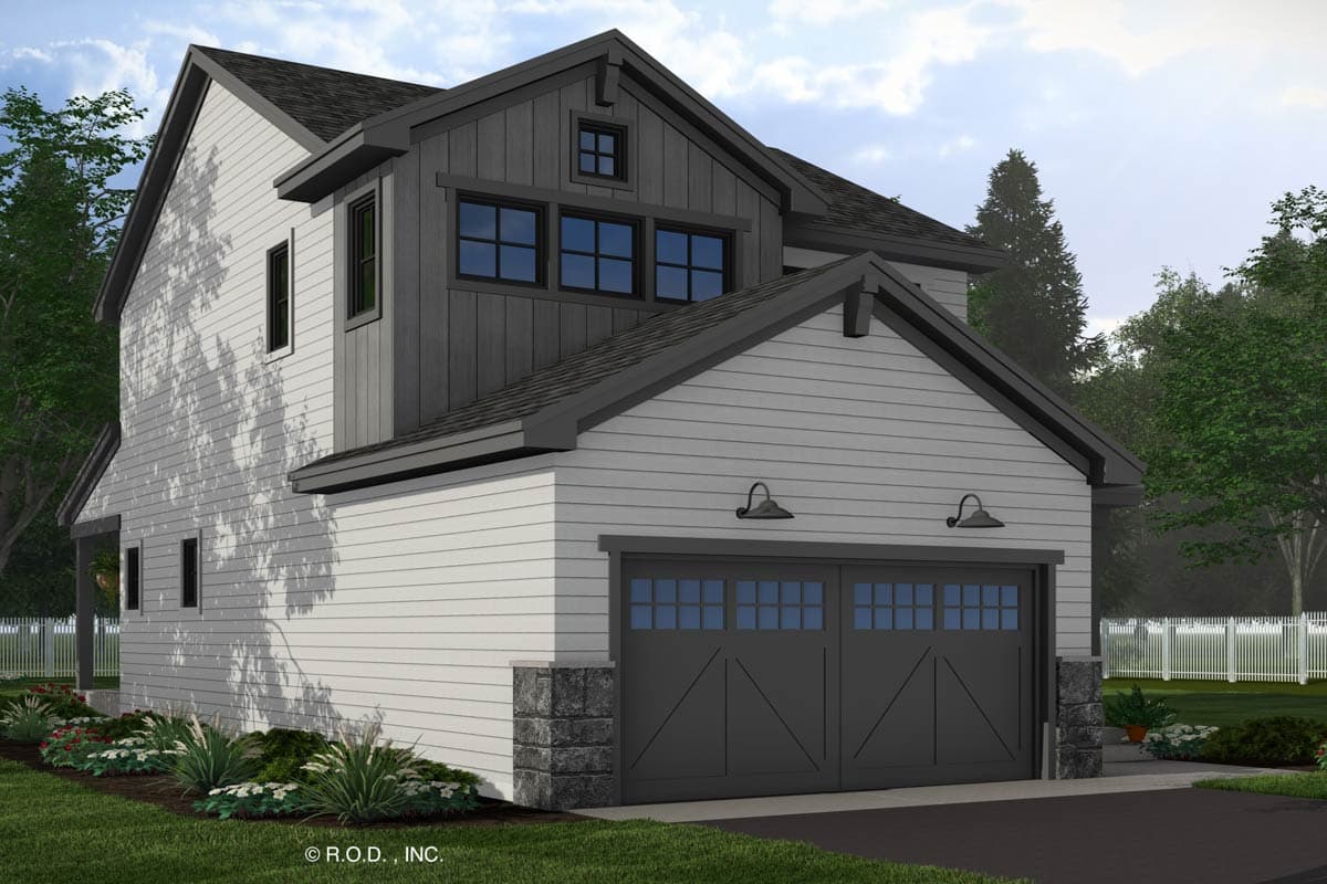 Modern Farmhouse house plan exterior with a two-car garage, board and batten siding, and multiple gables.