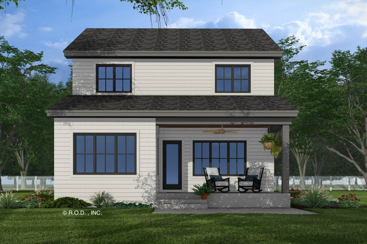 House plan exterior: Two-story modern home with a covered front porch, gabled roof, and horizontal siding.