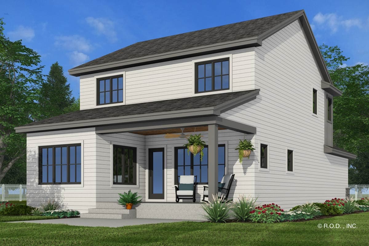 Two-story house plan exterior with white siding, a covered porch with columns, and dark-framed windows.