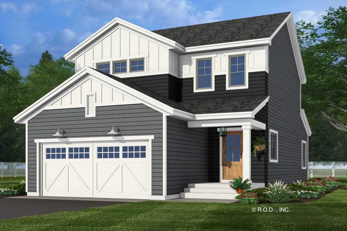 House plan exterior featuring a two-story farmhouse style with gabled rooflines, a front-entry porch, and a two-car garage.