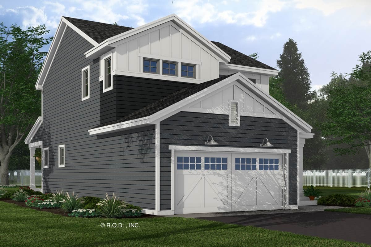 House plan exterior: Two-story home with a side-entry garage, vertical siding accents, and gabled dormers.