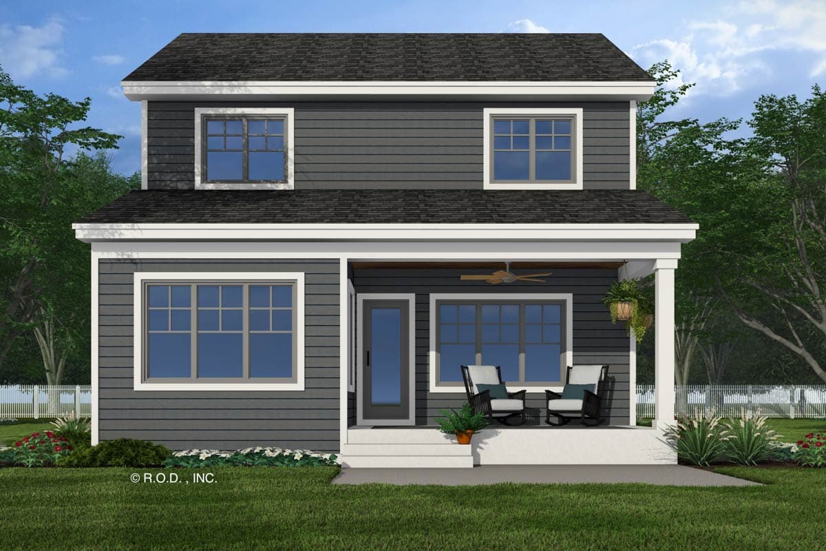 Two-story house plan exterior with shingled siding, front porch with ceiling fan, and multiple windows.